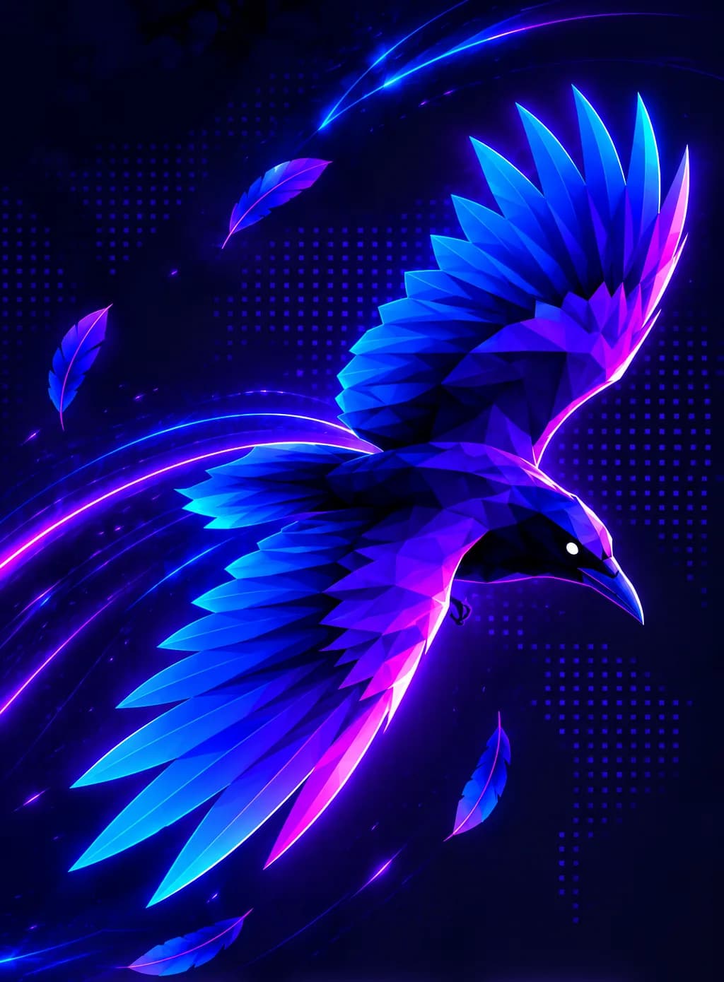 The MiniCrow crow in flight over a dotted map, feathers trailing behind it
