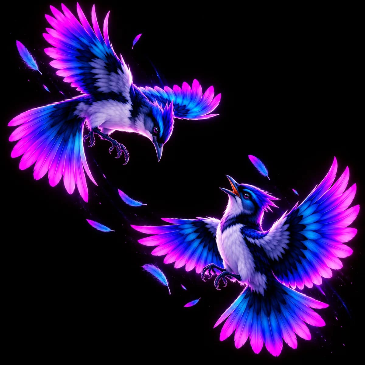 Two Lark mascots in flight, one singing to the other.