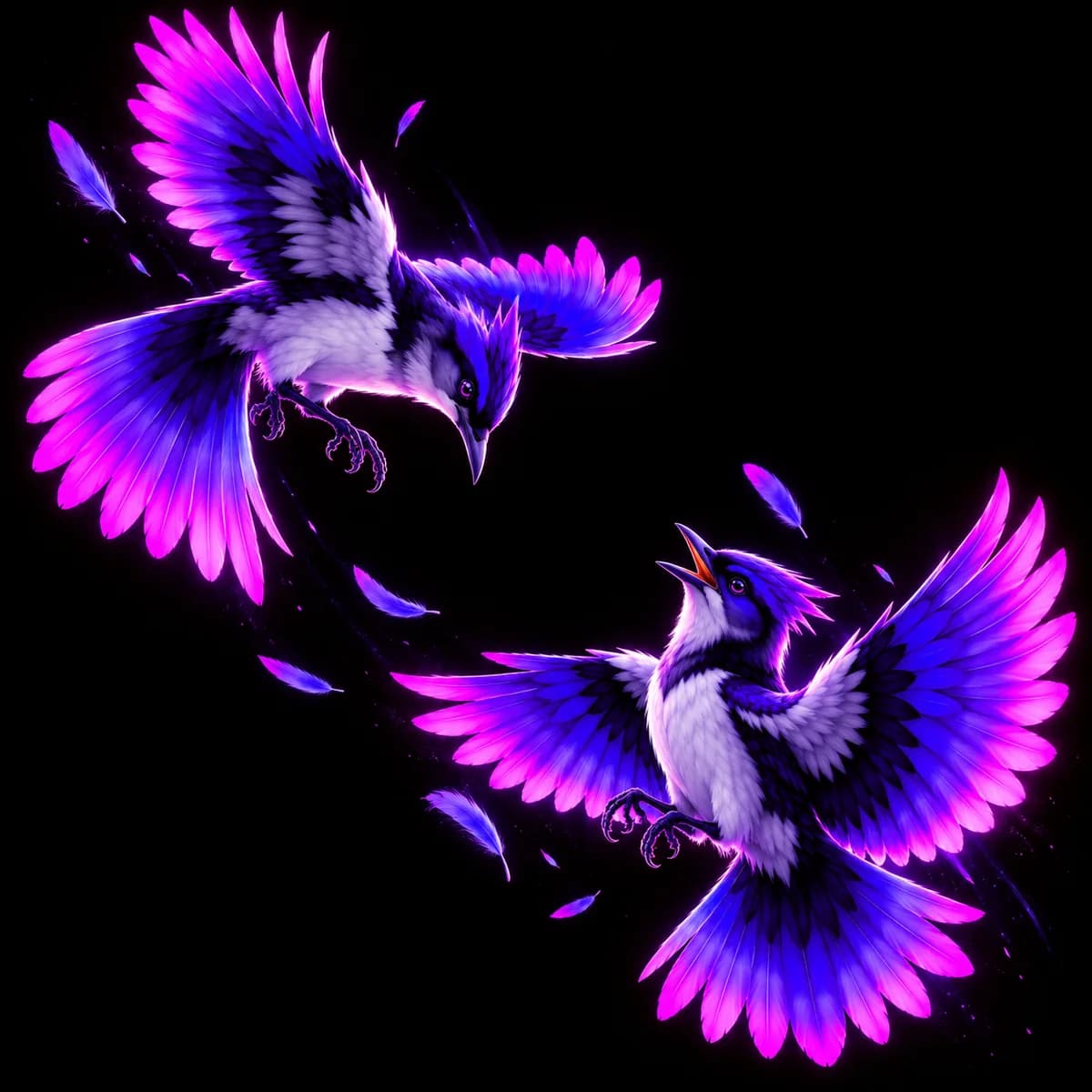Two Lark-V mascots in flight, one singing to the other.