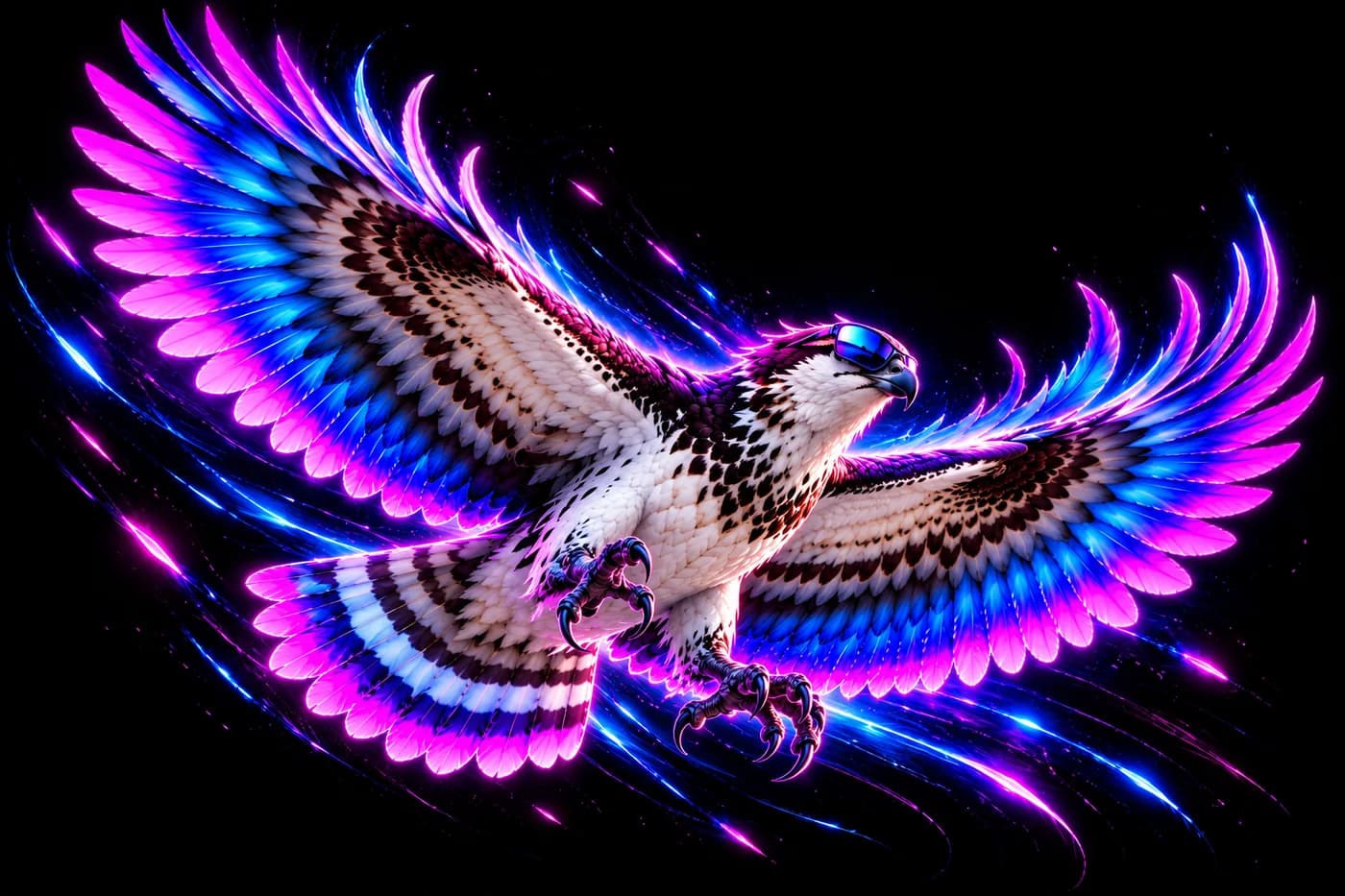 The Osprey Live mascot in flight, wings wide, in dark sunglasses.