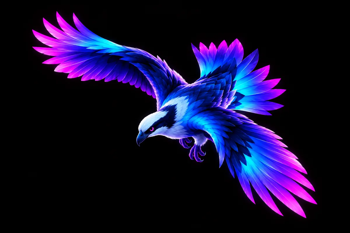 The Osprey mascot, a glowing violet and cyan osprey, banking into a dive.