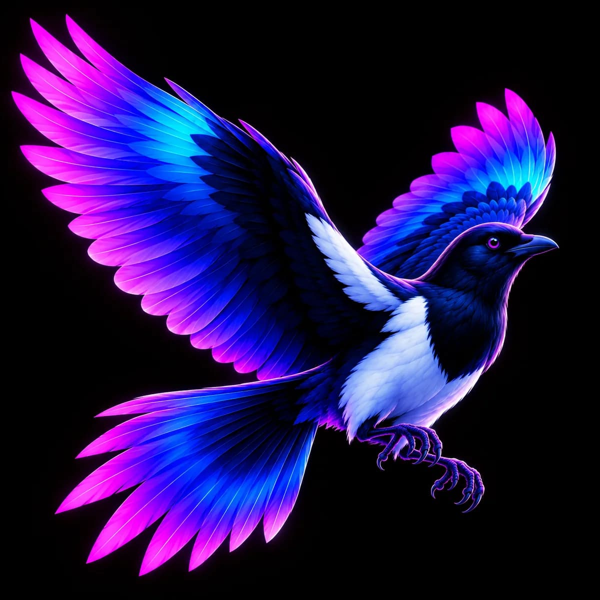 The Pica mascot, a glowing magpie, in flight.