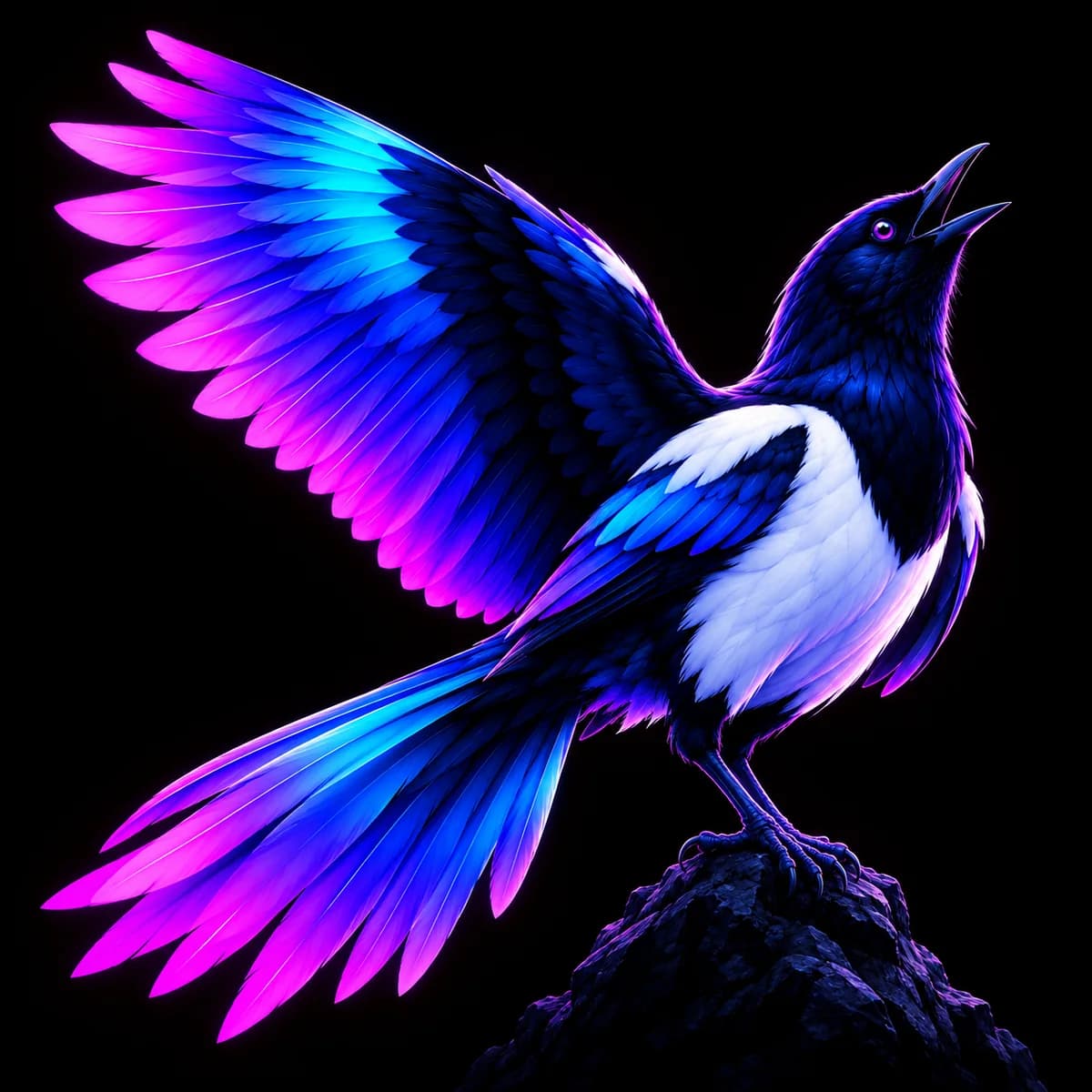 The Pica mascot, a glowing magpie, singing on its rock.